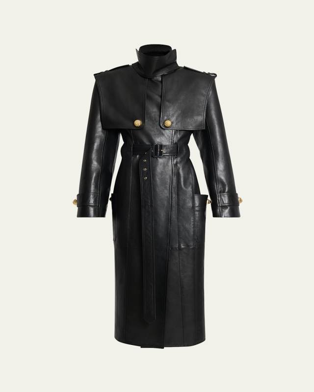 Double-Breasted Belted Leather Trench Coat